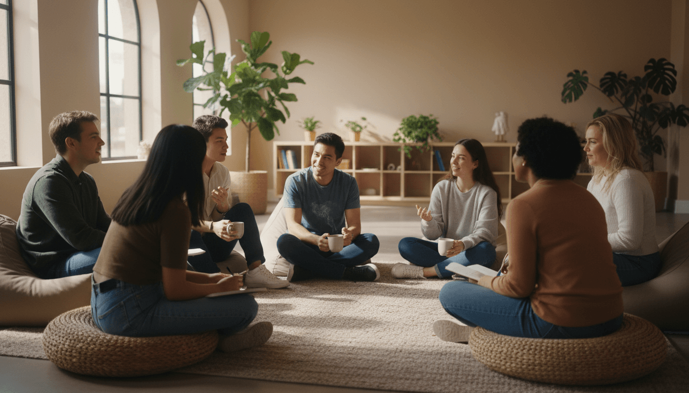 A group of people in a warm circle, talking and listening