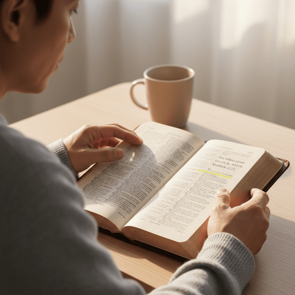 Open Bible on table with natural light