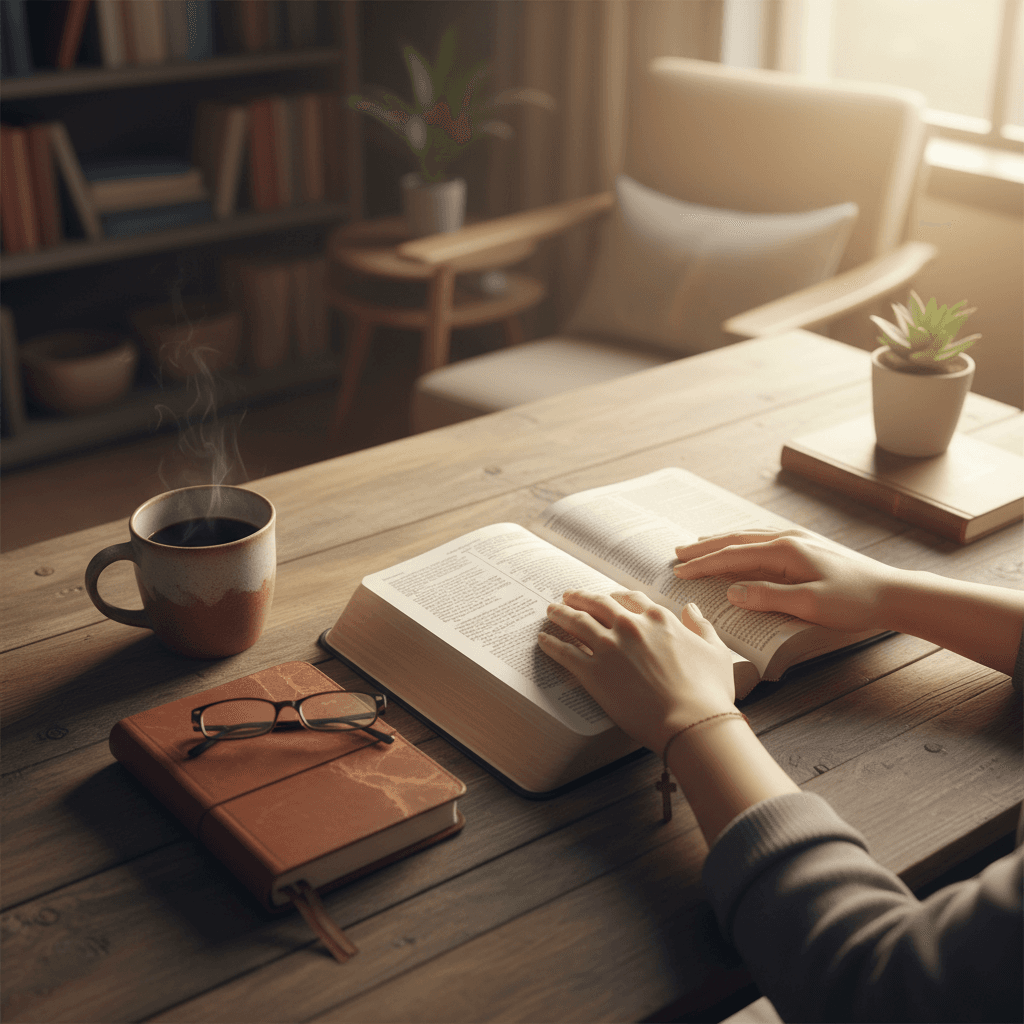 Open Bible on wooden table with sunlight