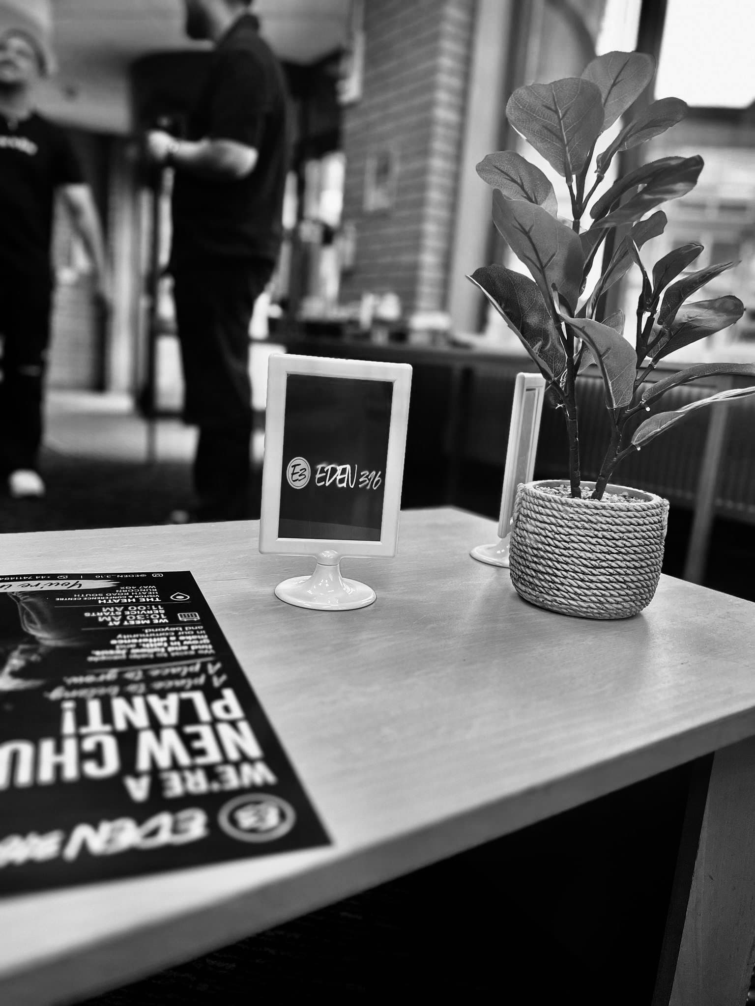 Table with an EDEN 316 sign and a potted plant in black and white.